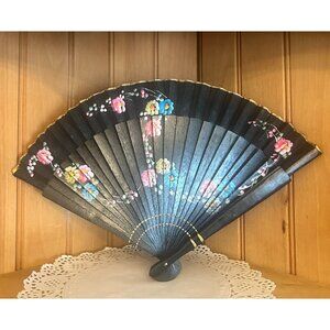 Vintage Black Handheld Wooden Black Folding Fan Hand Painted Floral Pink Roses